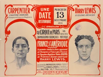 Poster advertising the boxing match between Carpentier and Harry Lewis, 1911