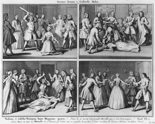 Practice of assistance to Gabrielle Moler, illustration from La verite des miracles de M. de Paris by Louis Basile Carre de Montgeron, 1747, Cologne