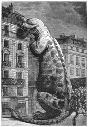Prehistoric monster in a modern town, engraved by Motty, illustration from Le Monde Avant la Creation de l