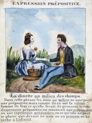 Prepositive Expression (La dinette au milieu des champs) - Grammar Book in Images, circa 1850