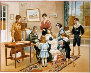Presenting Gifts, an Elderly Woman Gives Gifts to the Children of a Boarding School