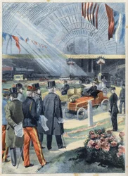 President of the Republic of France Emile Loubet (1838-1929) at the exhibition of industrial alcohol in the machine gallery at the Champ de Mars in Paris, in 