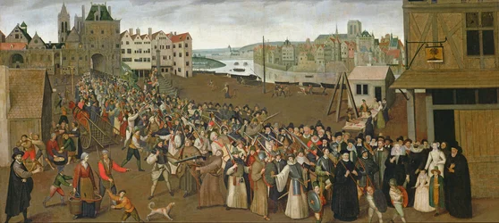 Procession of the Holy League on the Place de Grève, leaving the Saint-Jean Arch, Paris, 1590-3