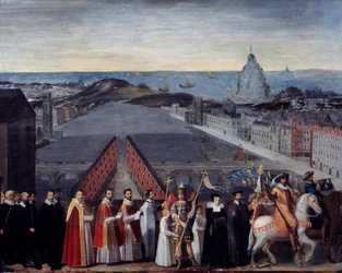 Procession of the Parisian jam of the pelerins of Saint Michel du Mont sur le Pont Neuf