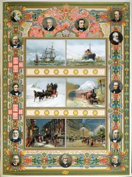 Progress during the reign of Queen Victoria. Sailing ships, steam ships, steam train and gas and electric street lighting, 1887