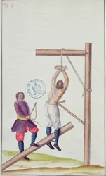 Punishment with a knout while being suspended from a rope, from Voyage en Russie, 1731