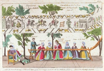 Queen Mathilda and her servants weaving the Bayeux Tapestry, scene from a Vaudeville performance