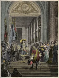 Reception of the Grand Conde at Versailles by Louis XIV - staircase des ambassadeurs - engraving in 