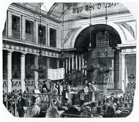 Religious ceremony at the old Paris Synagogue for Rosh Hashana, illustration from Le Tableau de Paris by Edmond Texier, published in Paris