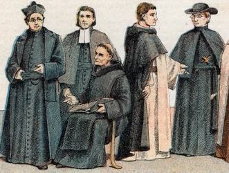 Religious costumes: from left to right, portrait of a Jesuit, a Marist Brother (Marcellin Champagnat), a Benedictine monk, a Dominican monk and an Oblate - Engraving