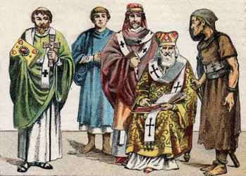 Religious costumes in Antiquity: portrait of a Byzantine deacon, a Christian priest of the first century, a bishop in the 5th century, a Byzantine patriarch and an anchorite