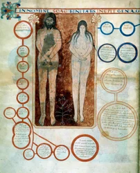 Representation of Adam and Eve, the red medallions represent the line of Cain, destroyed by the Deluge. Miniature illustrating the comments of 