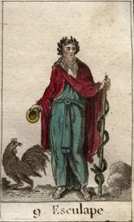 Representation of Asclepius, god of Medicine, holding a Rod of Asclepius. From 