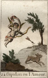 Representation of Cupid, or Amour, servant of Venus, as a child blindfolded, drawing an arrow. From “Mythology of Youth” by Pierre Blanchard 1803