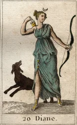 Representation of Diana, goddess of the hunt, she holds a bow and arrows. From “Mythology of Youth” by Pierre Blanchard 1803
