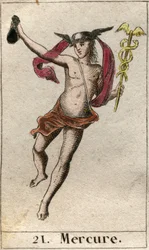 Representation of Mercury, god of trade, travel and messenger of other gods. He holds a caduceus, and wears a petasos. From “Mythology of Youth” by Pierre Blanchard 1803
