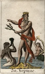 Representation of Neptune, god of the seas, holding a trident. From “Mythology of Youth” by Pierre Blanchard 1803.