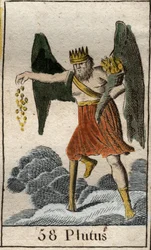 Representation of Plutus, god of wealth, he is crowned and blind, he throws gifts haphazardly. From 