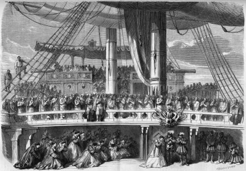 Representation of an opera: decor of the 3rd act of "The African", based on a libretto by Eugene Scribe (1791-1861) and music by Giacomo Meyerbeer (1791-1864). Episode of the Angelus sings on the ship. 1865. Engraving in "Le Monde Illustré" n°420 of 2