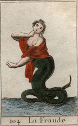 Representation of cheating (dishonesty), as a dangerous snake with a smiling head of woman. From 