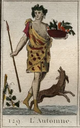 Representation of the Autumn season as Vertumnus holding a basket of fruit, with a dog. From “Mythology of Youth” by Pierre Blanchard 1803