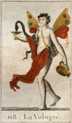 Representation of Voluptuousness, naked woman crowned with roses, she holds a cup where a snake drinks a delicious nectar. From 