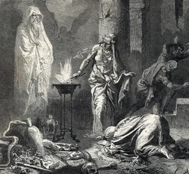 Representation of the Witch of Endor, a Canaanite village mentioned in the first book of Samuel (Bible) which has a talisman with which she calls the ghost of the prophet Samuel recently deceased, at the request of Saul, king of Israel