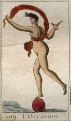 Representation of the Deity of the Occasion, a Bald Young Woman, with a Clump of Hair to Grasp Her, She Leaks on a Wheel, She Holds a Razor and a Veil