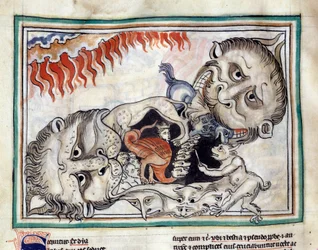 Representations of the creatures of the underworld beating the damned. Miniature taken from 