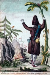 Robinson Crusoe makes a fire to draw attention to his island, Imagerie Basset