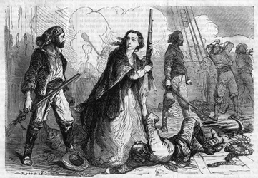 Memorials of Joseph Garibaldi by Alexandre Dumas. Anita Garibaldi taking part in the battle, with a rifle in hand. Engraving in Les bons romances