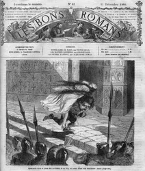 Roman serial: "Notre Dame de Paris" by Victor Hugo (1802-1885). Quasimodo and Esmeralda. Engraving in "Les bons romances"