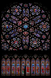 Rose window with the Crucifixion surrounded by scenes from the Resurrection