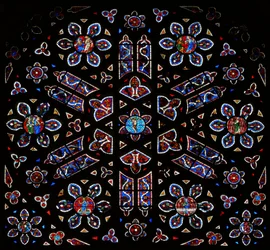 Rose window with the Crucifixion surrounded by scenes from the Resurrection