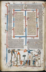 A bas-de-page scene of a dragon attacking a castle