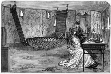 Russian imperial train used by the Duke and Duchess of Edinburgh in 1874: the bedroom wagon. Engraving in Le Monde Illustré n°886 of 6 April 1874