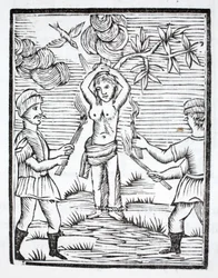 Saint Reine is Fastened to Two Poles in the Shape of a Cross, and Set Aflame by Torches