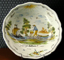 Salad Bowl Depicting a Craftsman and Boats on the Loire, Nevers, 1800