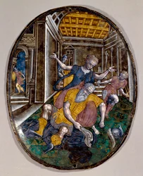 Samson and Delilah. Samson loses strength after Delilah cuts his hair. Limoges booklet. 1575 approx. London, Victoria and Albert Museum
