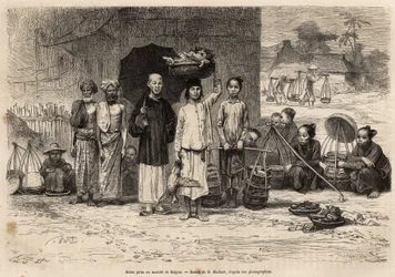 Scene of the Saigon market (engraving after a drawing by D. Maillard, illustrating the voyage to Cochinchine by Doctor Morice, 1872, published in 