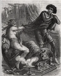 Scene from the Bible: She grasped the too virtuous young man by his tunic. The wife of Potiphar tries to seduce Joseph, a slave of the pharaoh. Engraving from 1871 in Histoire Des Cocus Celebres by Henry de Kock (1819-1892)