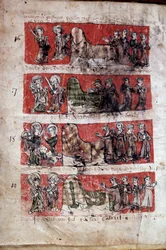 Scene of Student Life at the College of Hubant or Ave Maria in Paris. Livre des Statutes du College de Hubant ou de l