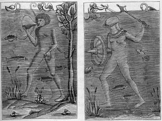 Sea soldier: the diver and the man of arms. Engravings from wood figures of the 16th century. In La Marine et les colonies: commerce
