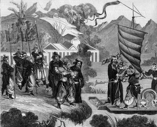 Second Opium War between France, England and China (1858-1860): Chinese caricature of the conflict. A boat is ready to approach the coast under the mocking gaze of a group of Chinese people. On board the boat are two characters representing France (left)