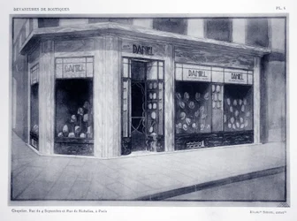 Shop Front, Plate 4, illustration from Devantures de Boutiques by Louis-Pierre Sezille, Paris
