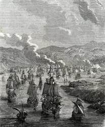 Siege of Toulon took place between 29 July to 21 August 1707 during the War of the Spanish Succession when an Allied land and sea force besieged the French naval base at Toulon (engraving)