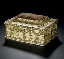 Silver-gilt rectangular casket with hinged lid with pin-cushion, from the Lennoxlove toilet service, owned by Frances Teresa Stewart, Duchess of Richmond and Lennox: French, Paris, 1664 - 1665 or 1668 - 1669