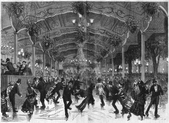 Skating rink in Bullier. Track to dance in roller skates at Bal Bullier in Paris. Engraving in "The Illustrous Universe"