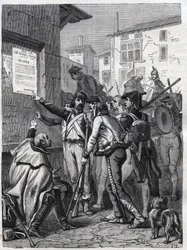 Soldiers, your needs are great: French soldiers reading the proclamation of General Bonaparte in November 1799 - Engraving of 1865 in Histoire du Consulate et de l