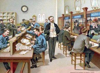 Sorting the Post in a Parisian Post Office, illustration from a Post Office calendar, 1904